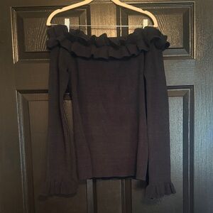 White House Black Market Black Knit Sweater with Ruffle Detail